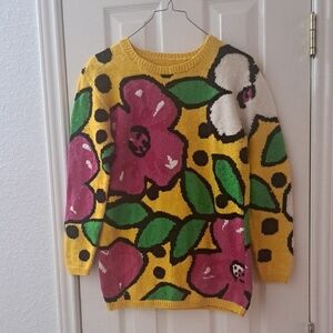 Vintage Floral  Sweater With Clear Rhinestones  Sz Small